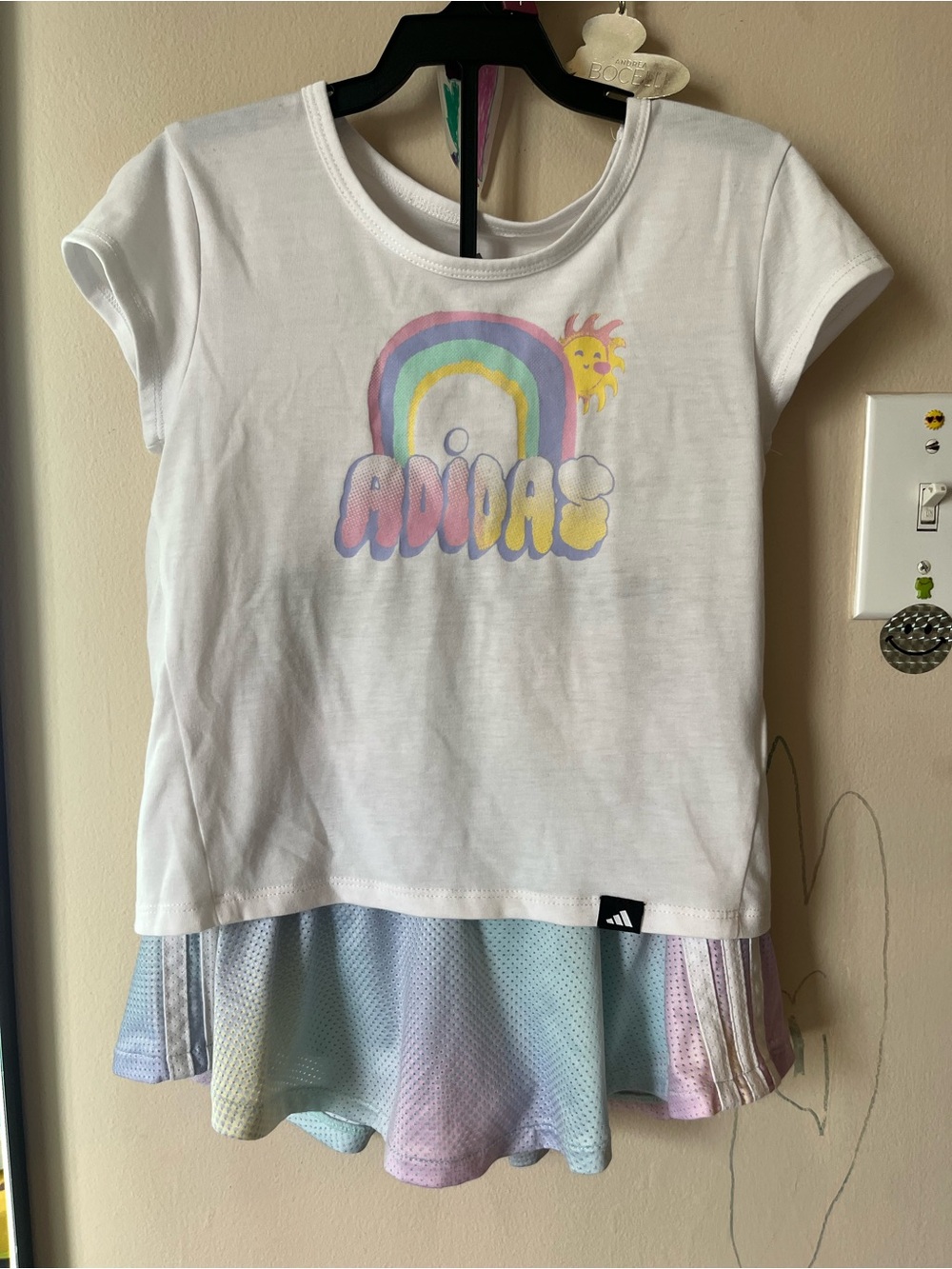 adidas White Girls' Rainbow Graphic Tee with Pastel Skirt Hem
